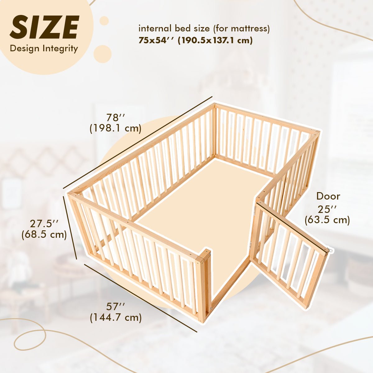 Preorder Full Montessori Floor Bed Frame for Toddlers with Fence and Wooden Slats (75*54 inch) Beds Goodevas