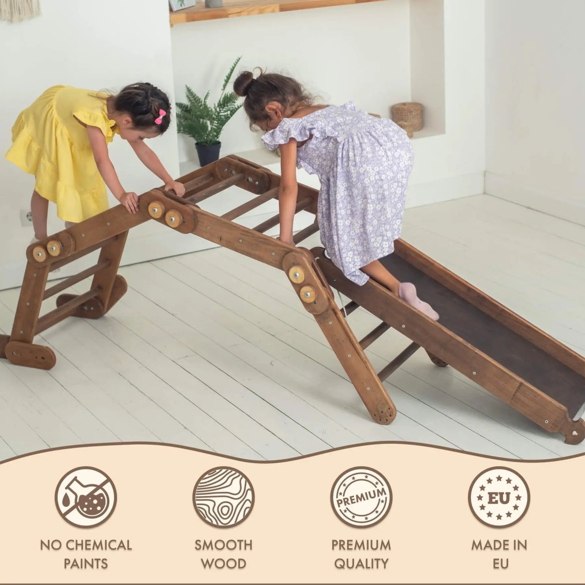 Montessori Climbing Frame Set 2in1: Snake Ladder + Slide Board/Climbing Ramp - Chocolate 2in1 Playsets Goodevas