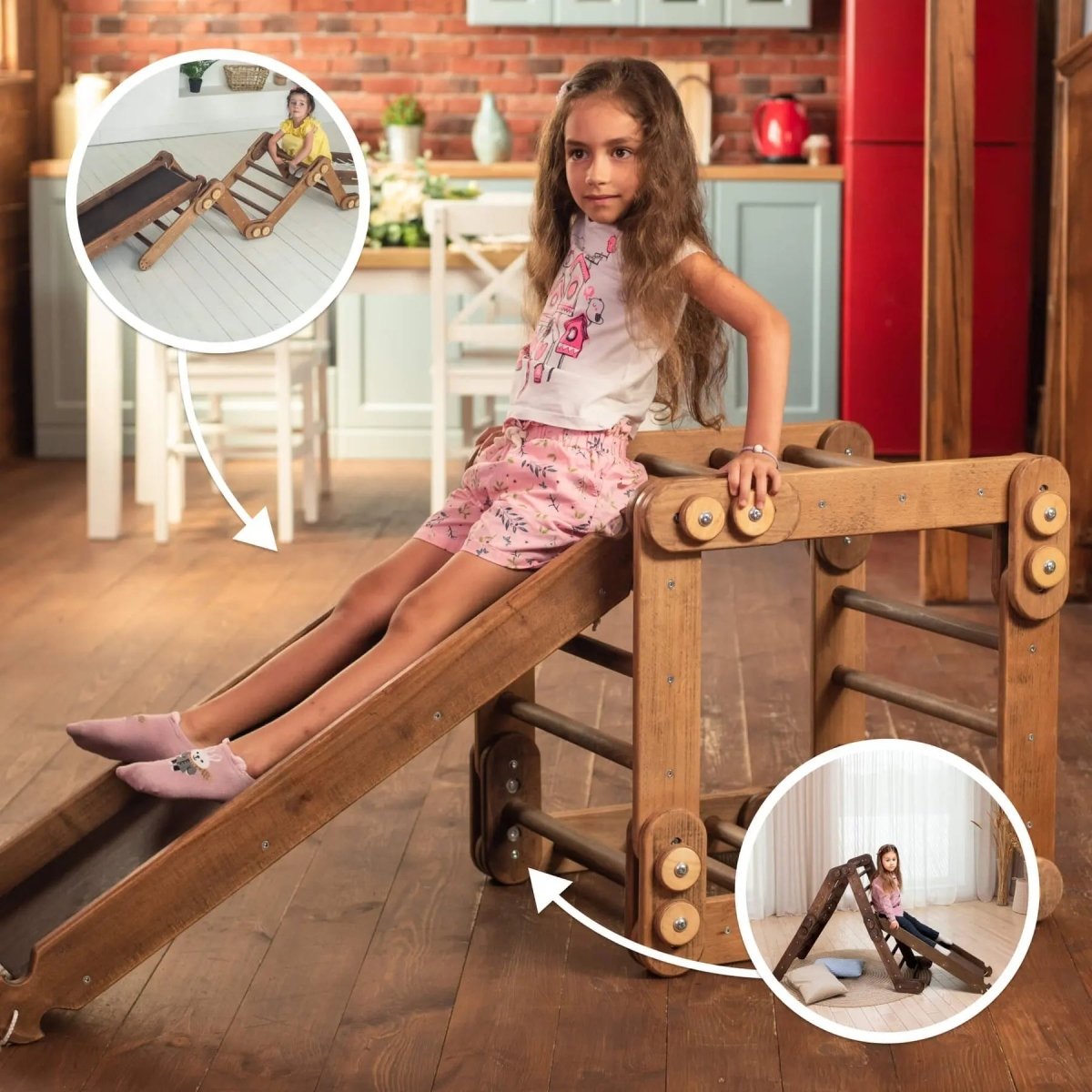 Montessori Climbing Frame Set 2in1: Snake Ladder + Slide Board/Climbing Ramp - Chocolate 2in1 Playsets Goodevas