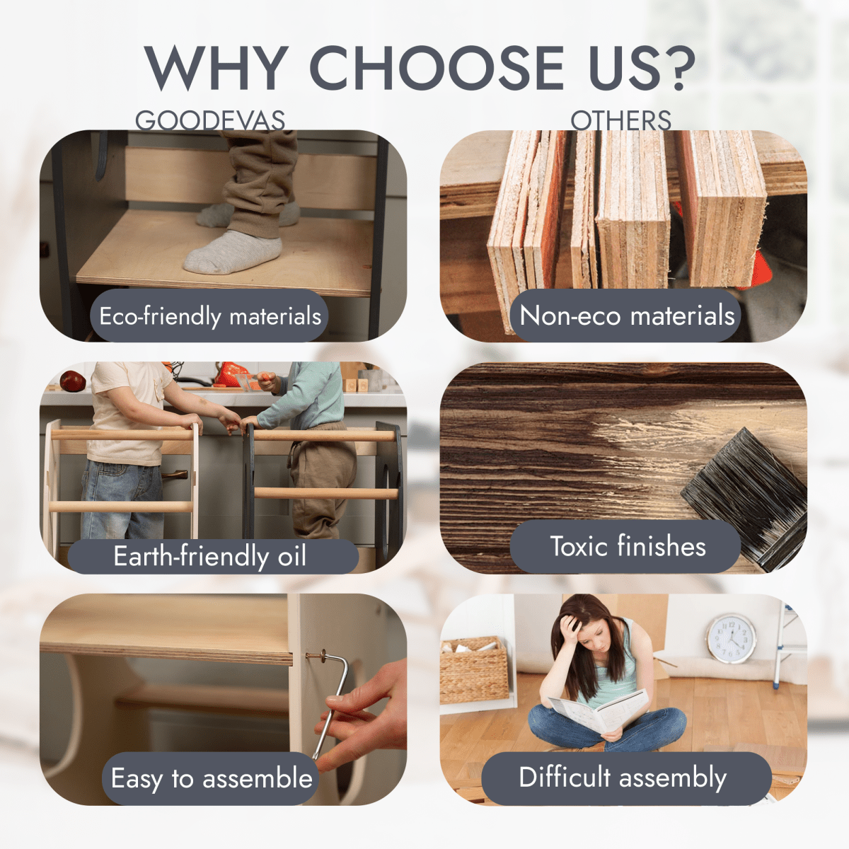 Stable Montessori Tower: Wooden Growing Chair - Grey