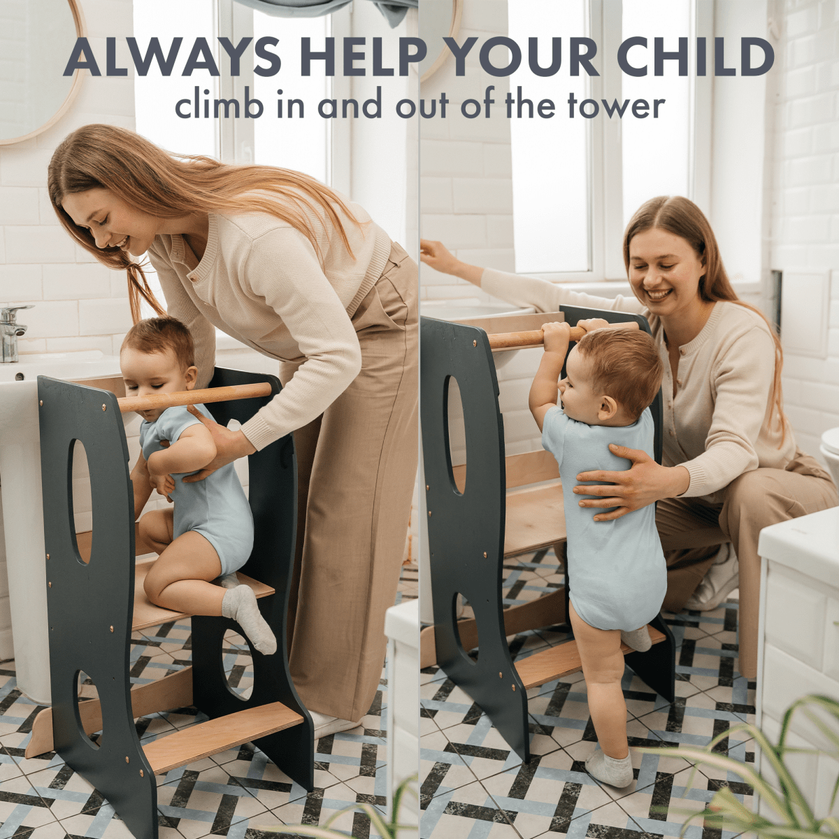 Stable Montessori Tower: Wooden Growing Chair - Grey