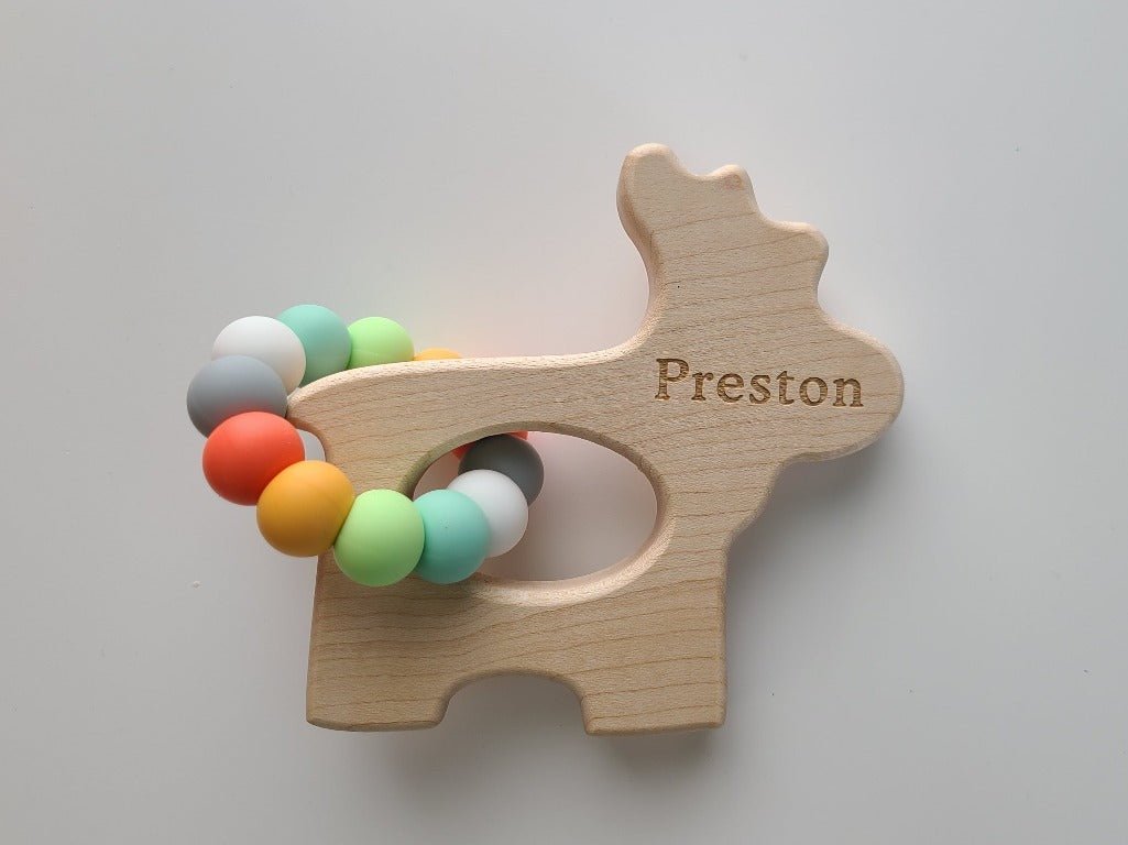 Moose Wooden Grasping Toy with Teething Beads