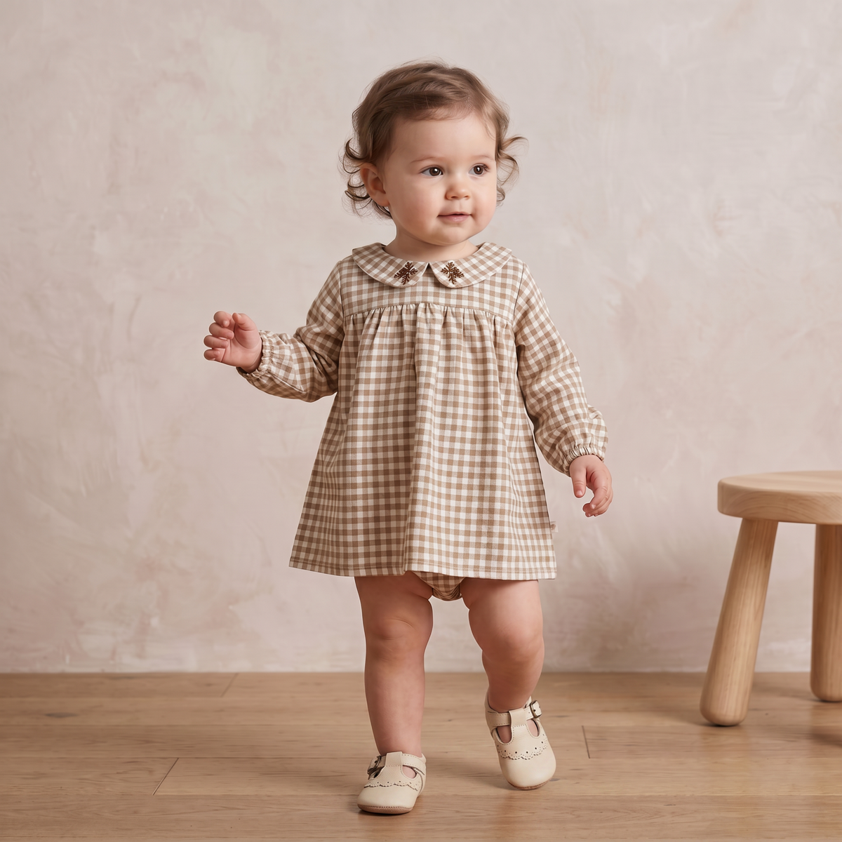 Organic Peter Pan Collar Dress - Oat Gingham