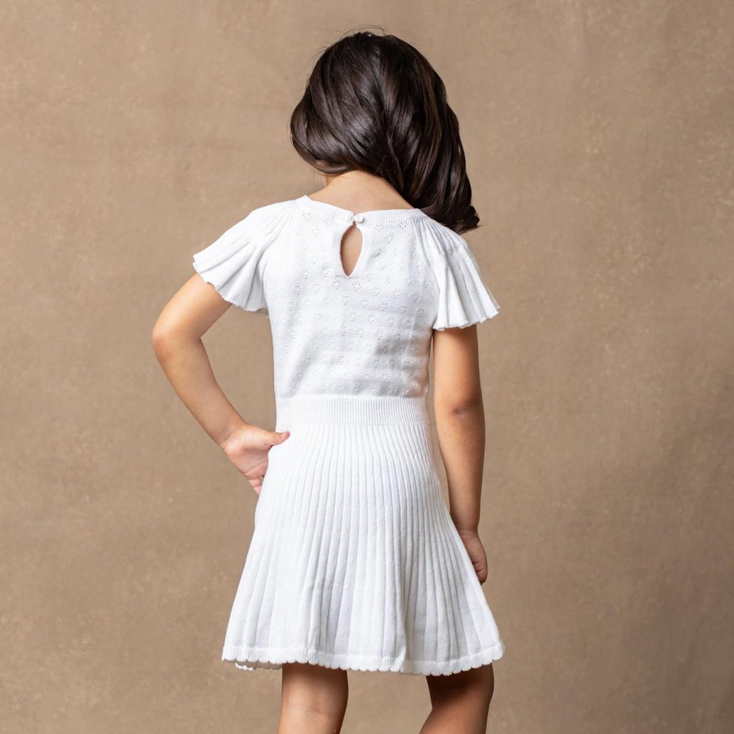 Organic Flutter Sleeve Sweater Dress - White Diamond Pointelle