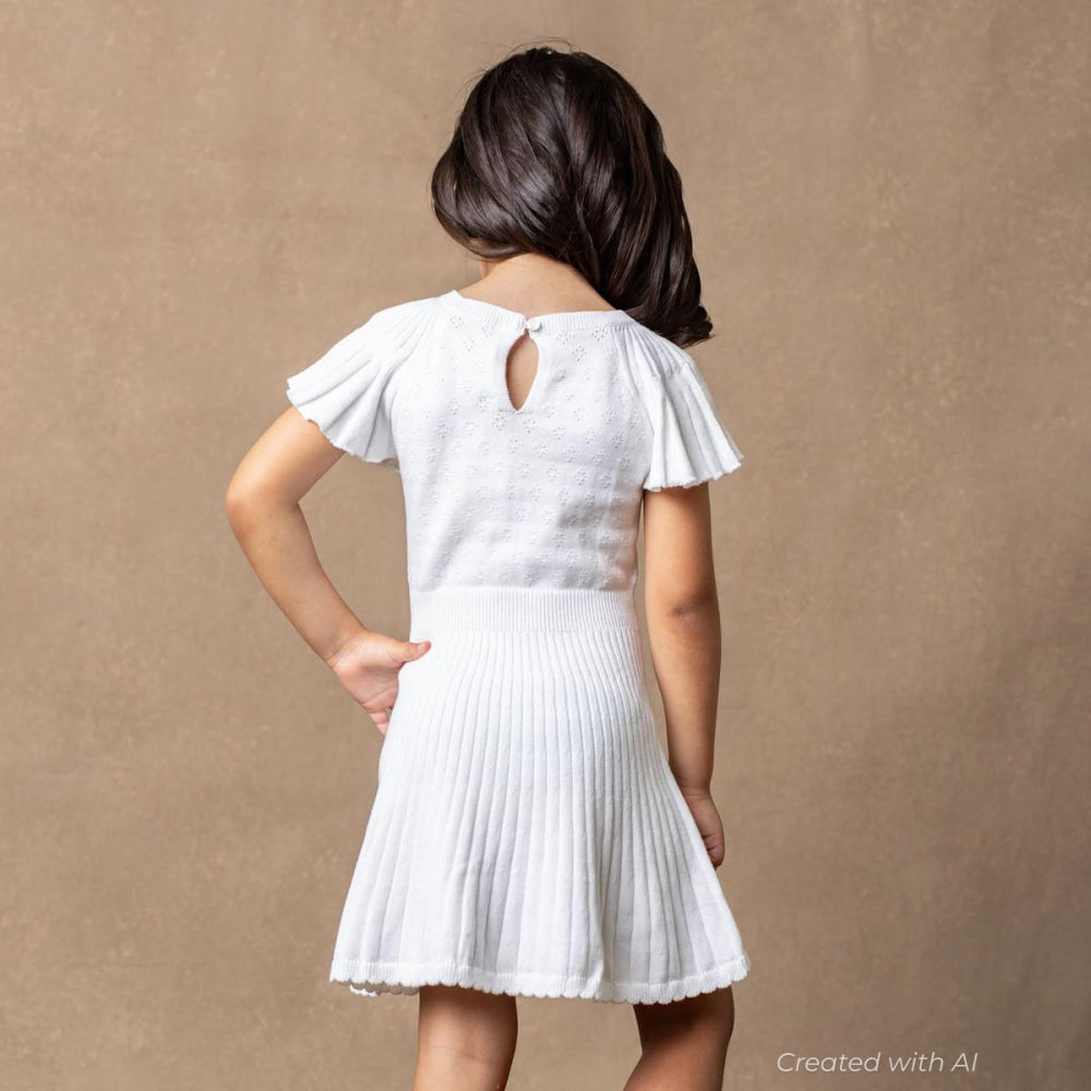 Organic Flutter Sleeve Sweater Dress - White Diamond Pointelle