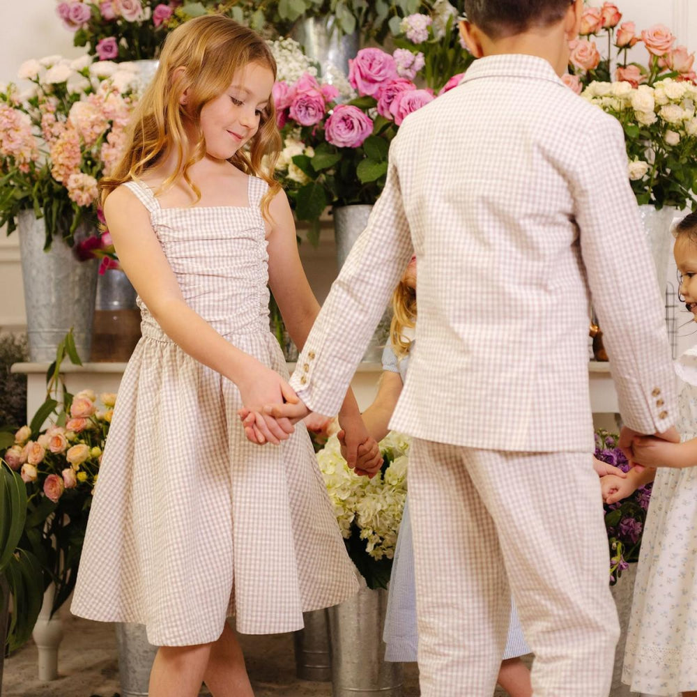 Organic Ruched Bodice Party Dress - Taupe Gingham Seersucker