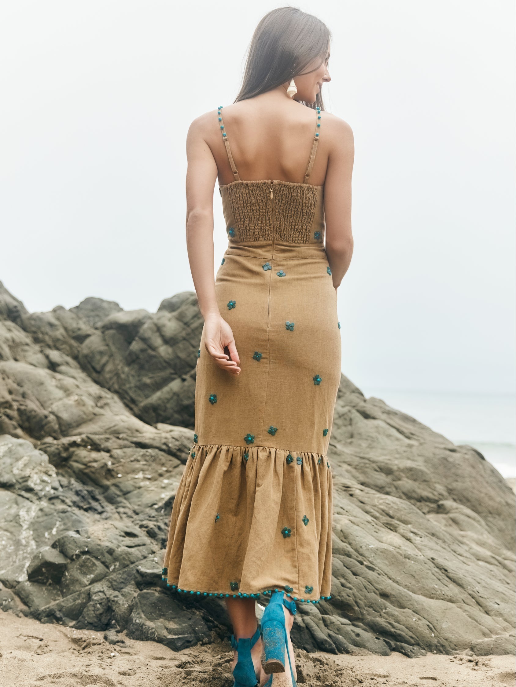 Desirae Midi Dress - Light Fawn & Emeralds
