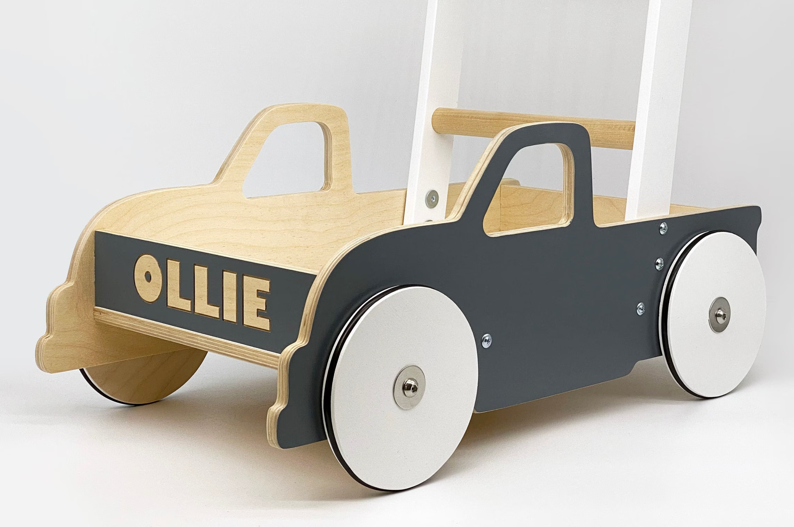 Luma Buggy: Charcoal Gray Truck Handcrafted Baby Wooden Push Walker Cart Luma Goods Co. Personalized Name Engraving