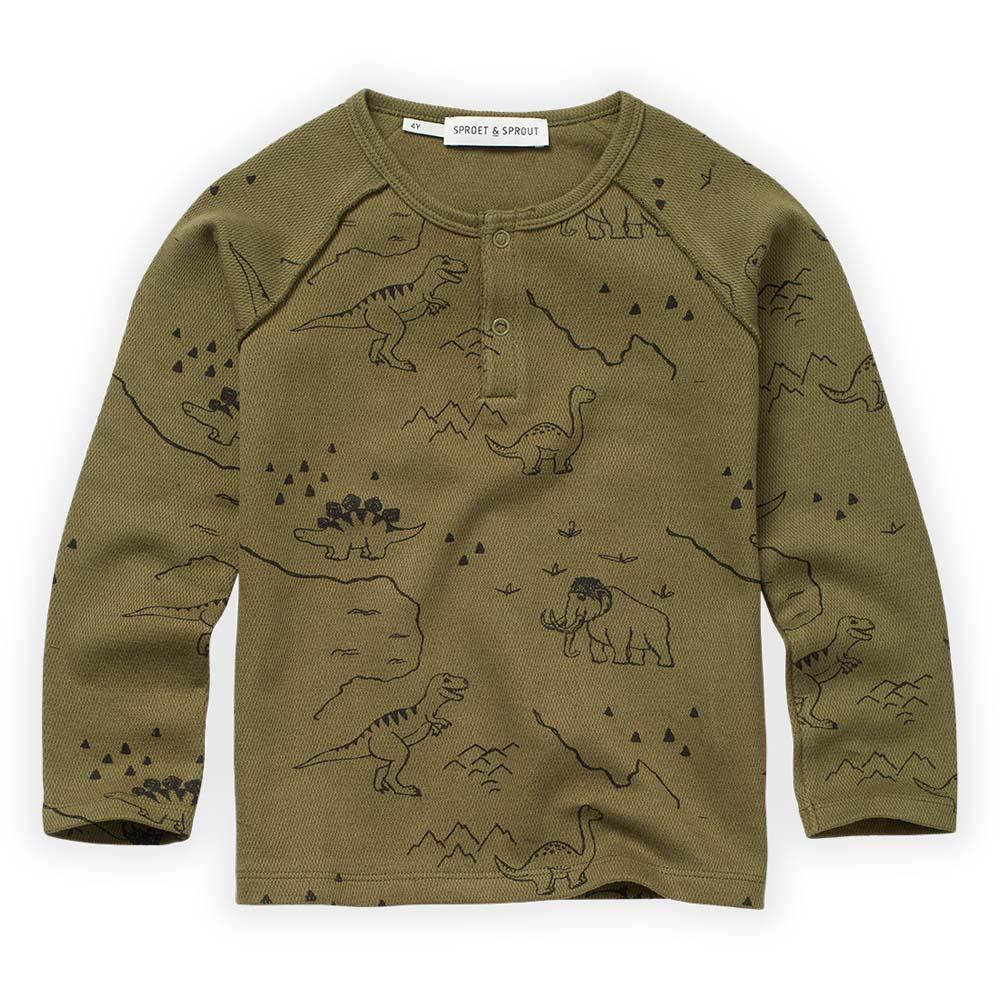 Dino Print Grandad Tee Shirt - Khaki