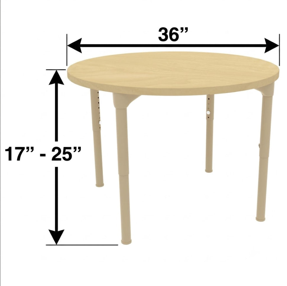 Round Adjustable Kids Classroom Table – 36" Diameter, 17" to 25" Height