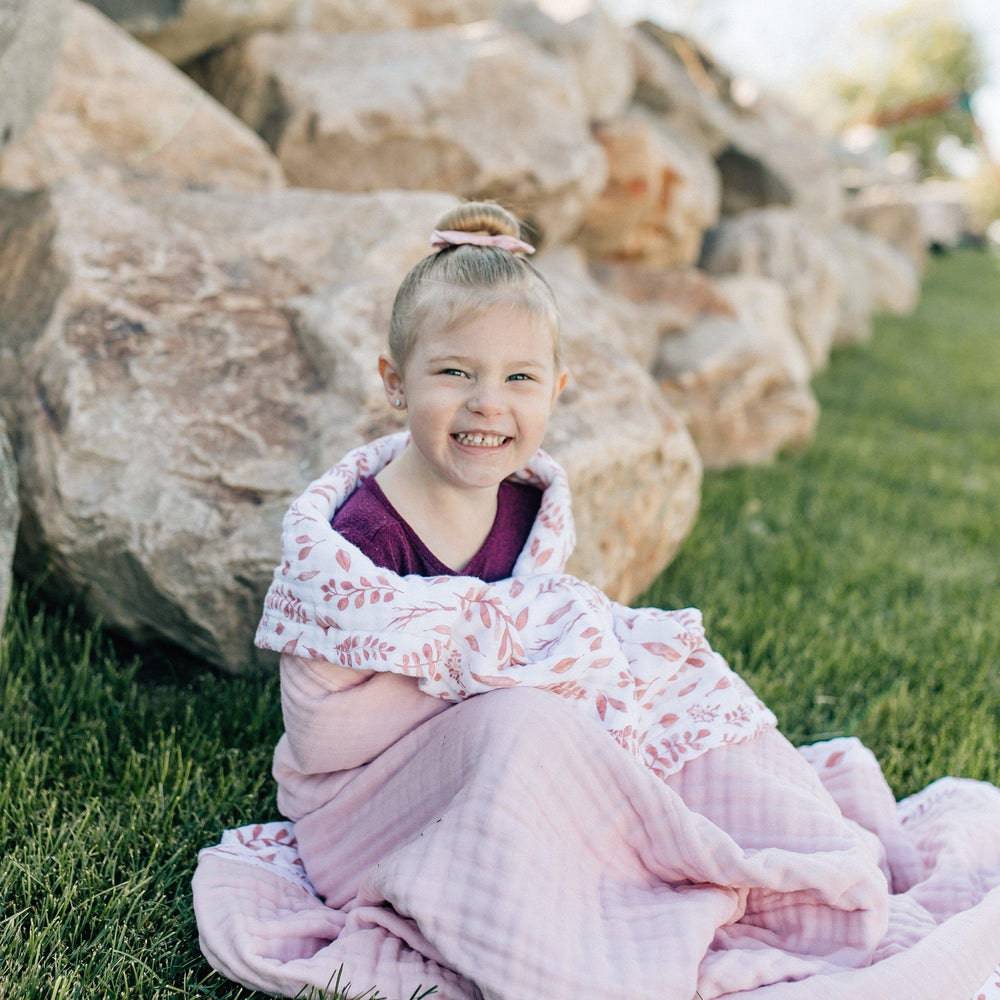 Pink Leaves + Cotton Candy Classic Muslin Super Snuggle Blanket Super Snuggle Blanket Bebe au Lait