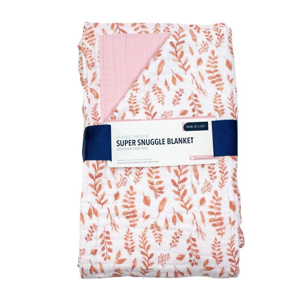 Pink Leaves + Cotton Candy Classic Muslin Super Snuggle Blanket Super Snuggle Blanket Bebe au Lait