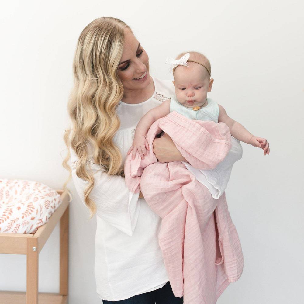 Muslin Swaddle Blanket Set Premium Cotton Pink Leaves + Cotton Candy Swaddle Blanket Bebe au Lait