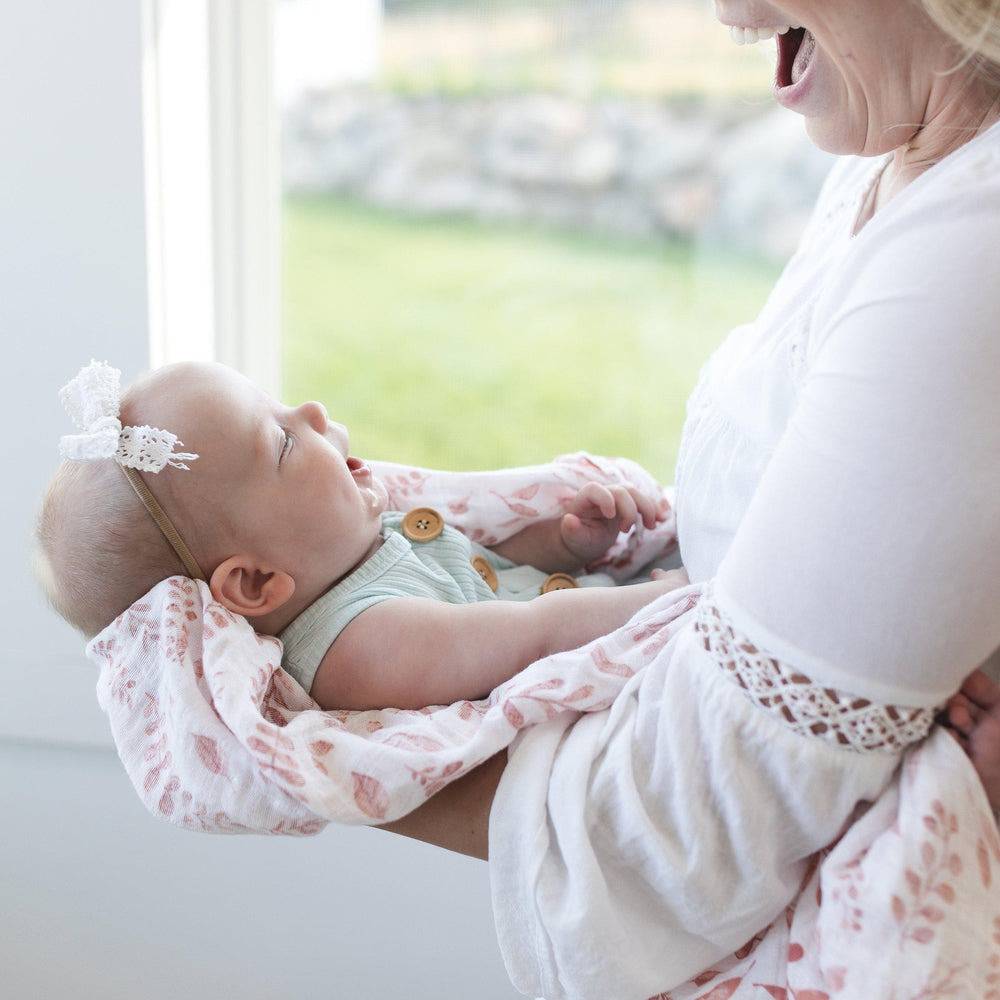 Muslin Swaddle Blanket Set Premium Cotton Pink Leaves + Cotton Candy Swaddle Blanket Bebe au Lait