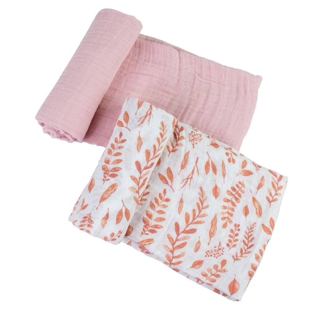 Muslin Swaddle Blanket Set Premium Cotton Pink Leaves + Cotton Candy Swaddle Blanket Bebe au Lait