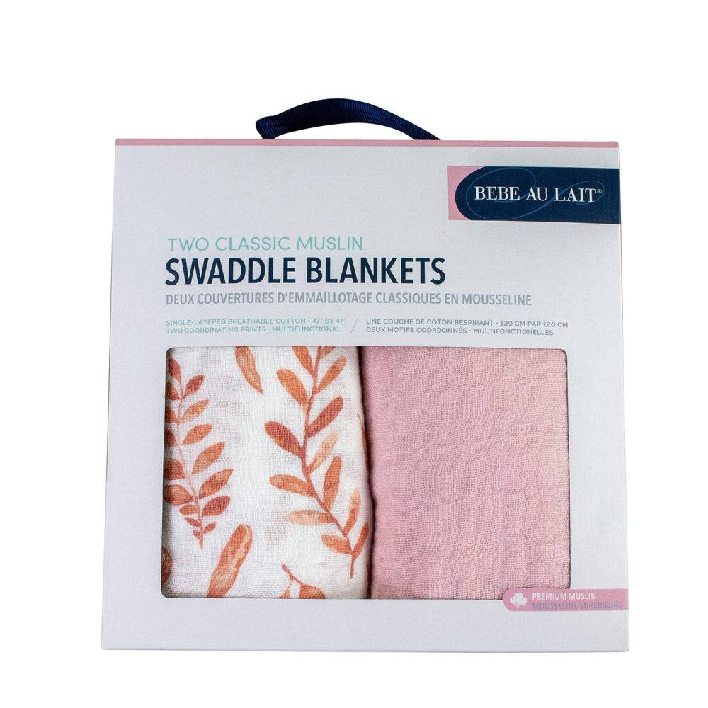Muslin Swaddle Blanket Set Premium Cotton Pink Leaves + Cotton Candy Swaddle Blanket Bebe au Lait