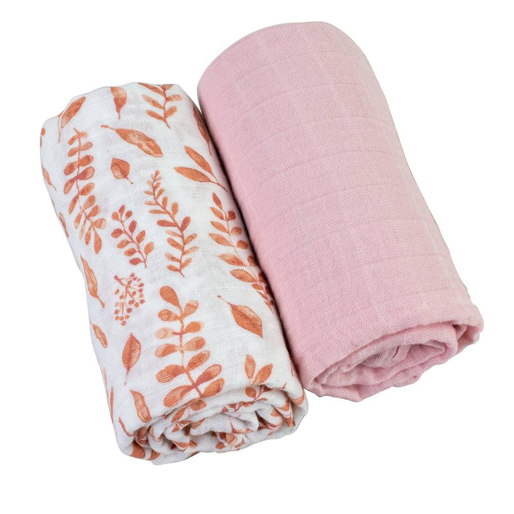 Muslin Swaddle Blanket Set Premium Cotton Pink Leaves + Cotton Candy Swaddle Blanket Bebe au Lait