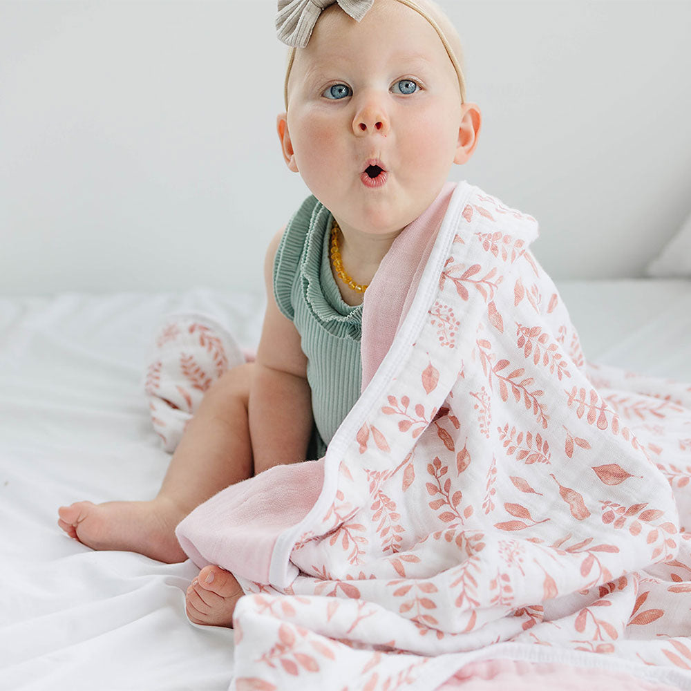 Pink Leaves + Cotton Candy Premium Cotton Snuggle Blanket Snuggle Blanket Bebe au Lait