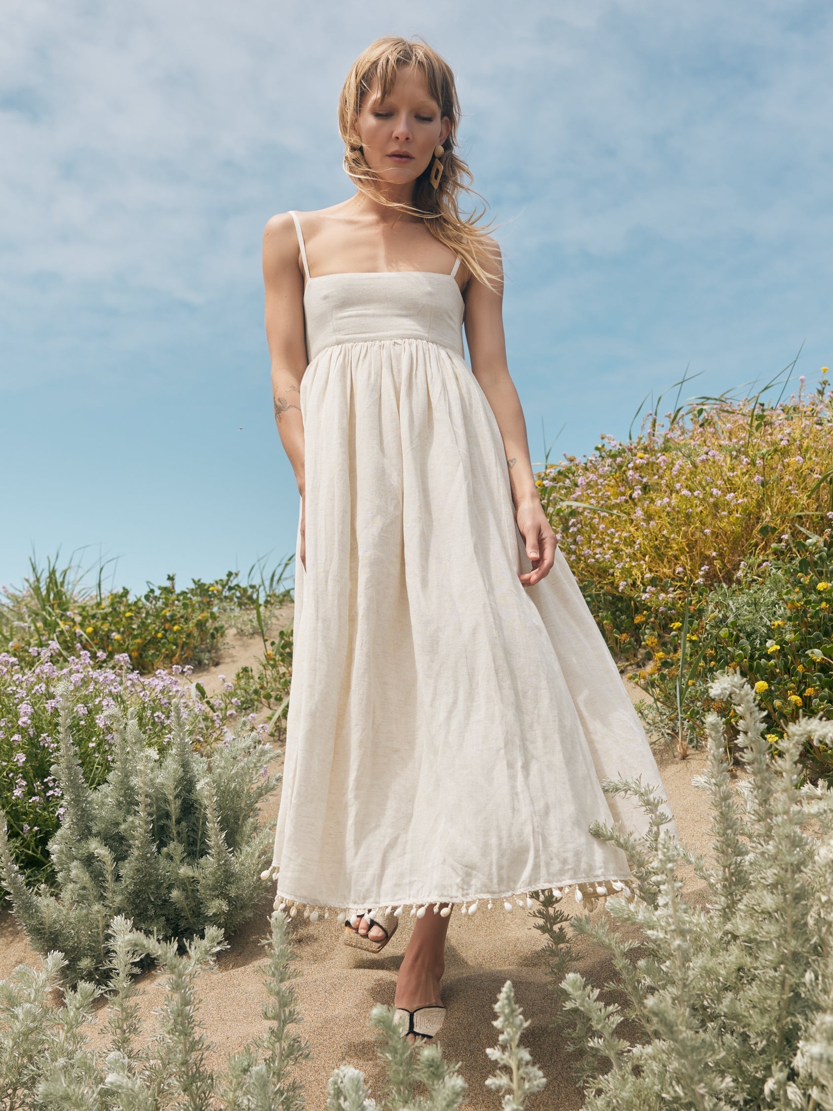 Gavin Puka Beaded Midi Dress - Light Sand/Puka Shell Fringe