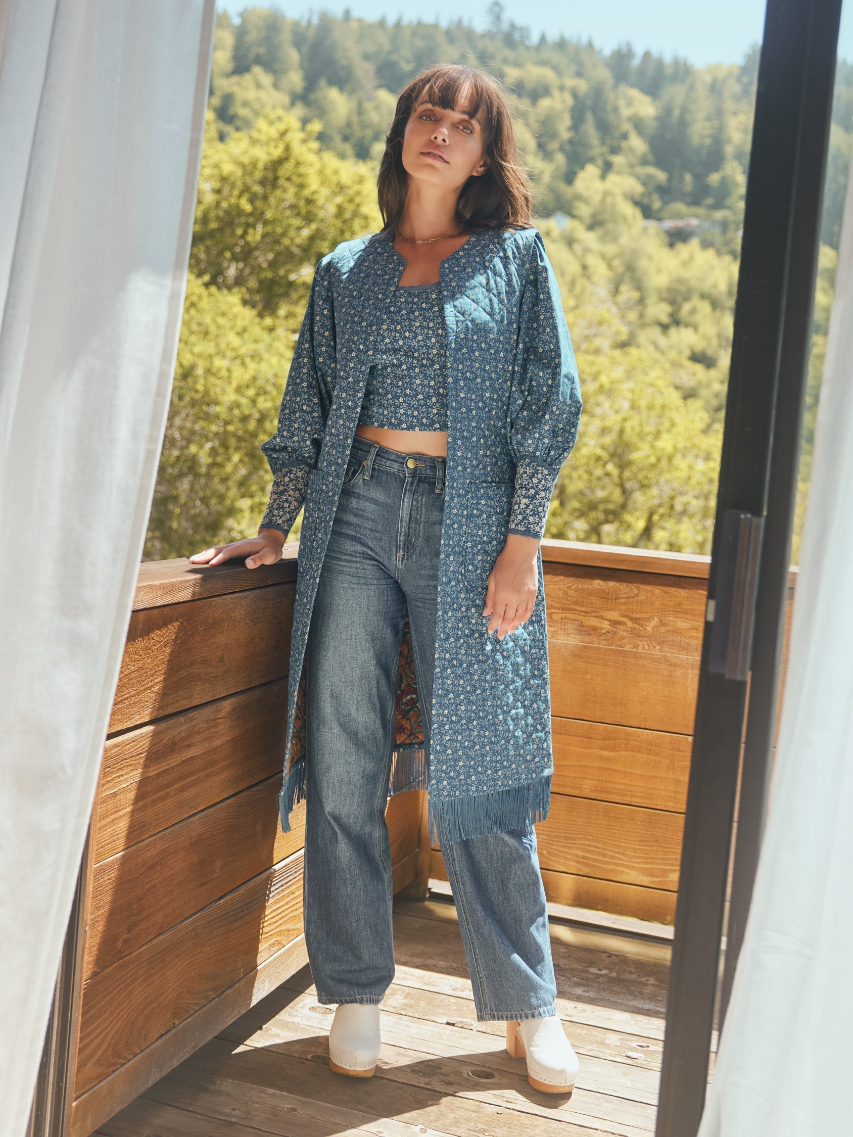 Therese Quilted Reversible Fringe Midi Vest - Tawny/Multicolor Floral & Queen Blue/Mini Alabaster Floral