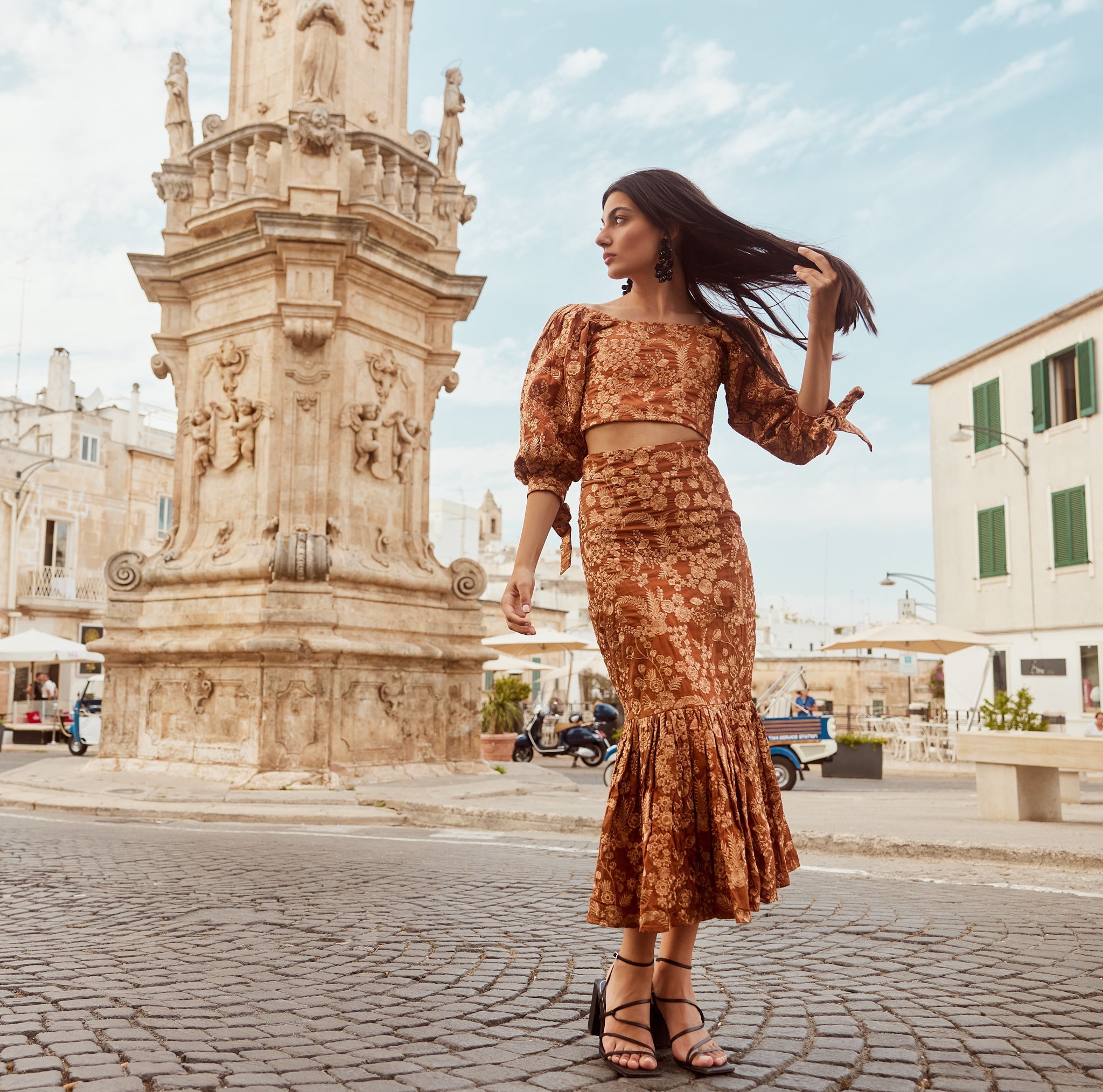 Mary Embroidered Fluted Skirt - Copper/Copper lurex embroidery