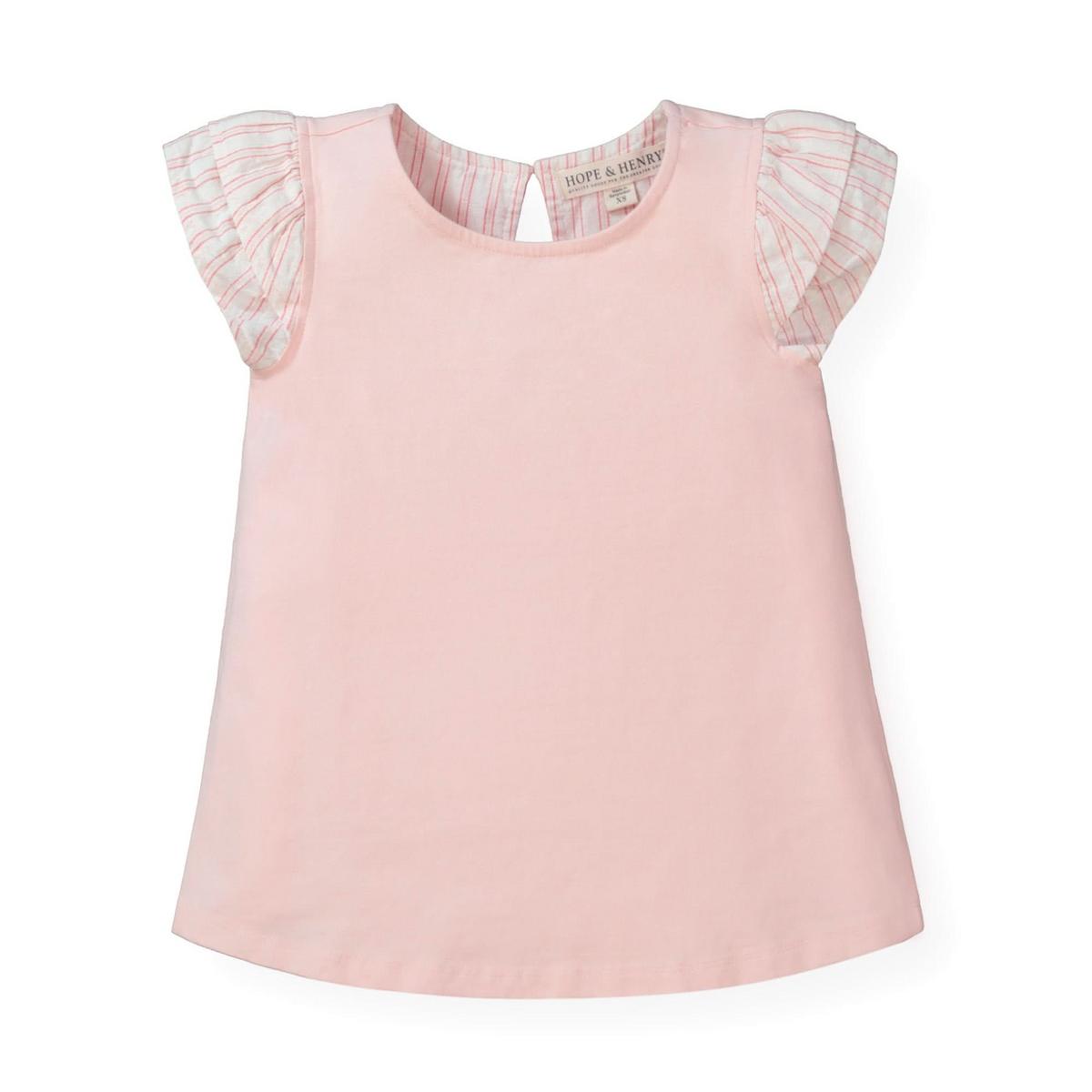 Knit Top with Woven Flutter Sleeves - Light Pink with Stripe Sleeves
