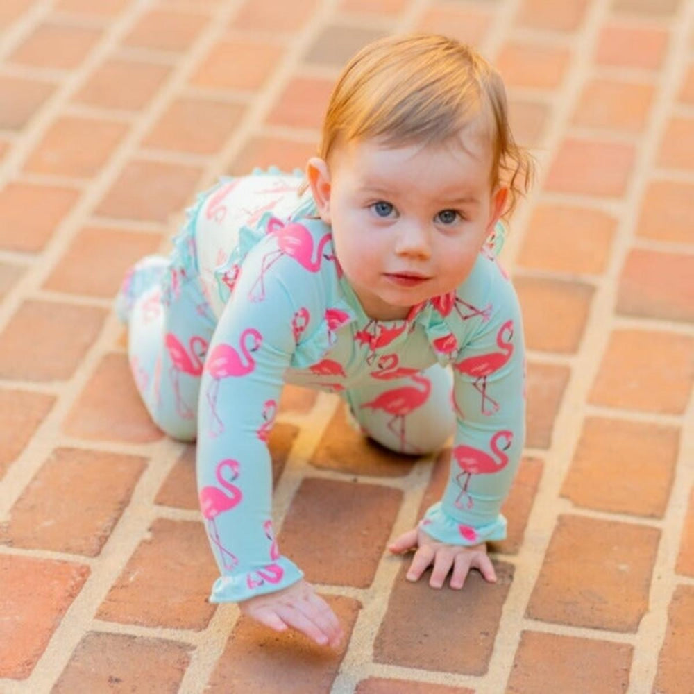 Ruffle Footie - Flamingo Aqua