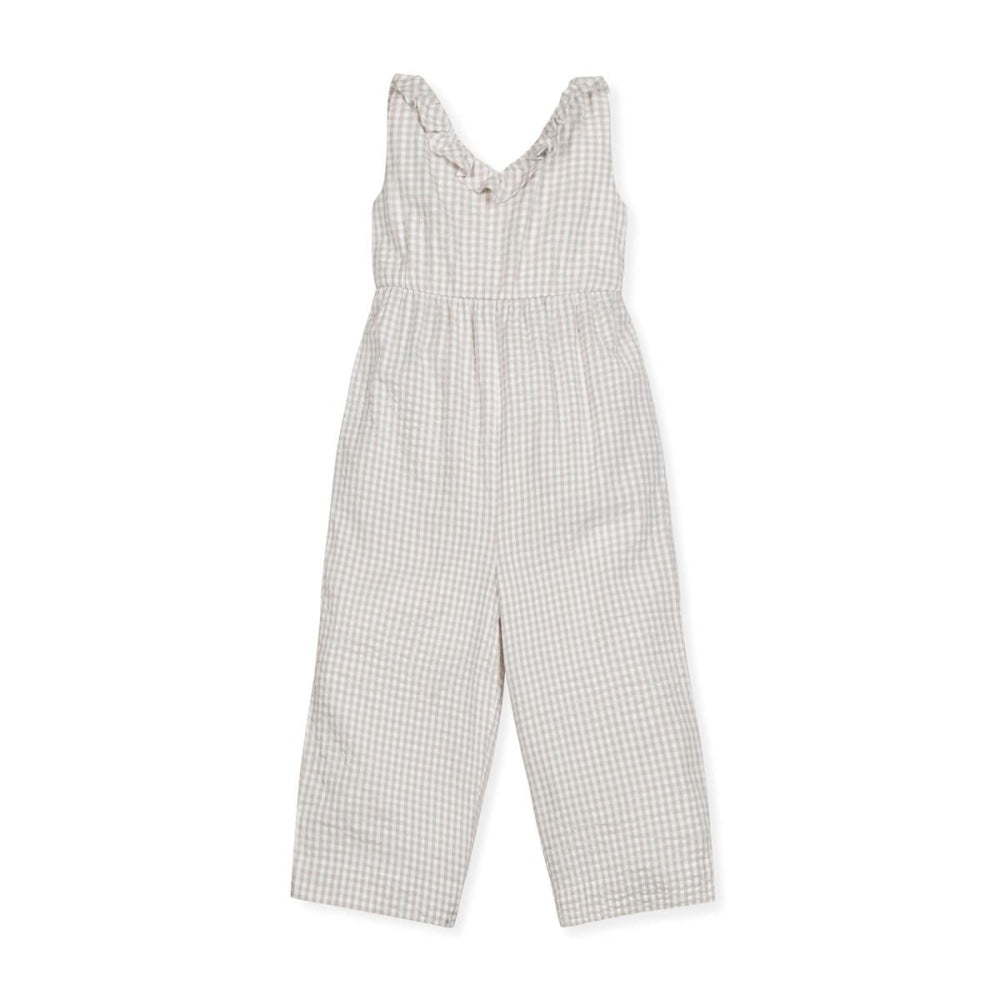 Ruffle Neck Organic Jumpsuit - Taupe Gingham Seersucker