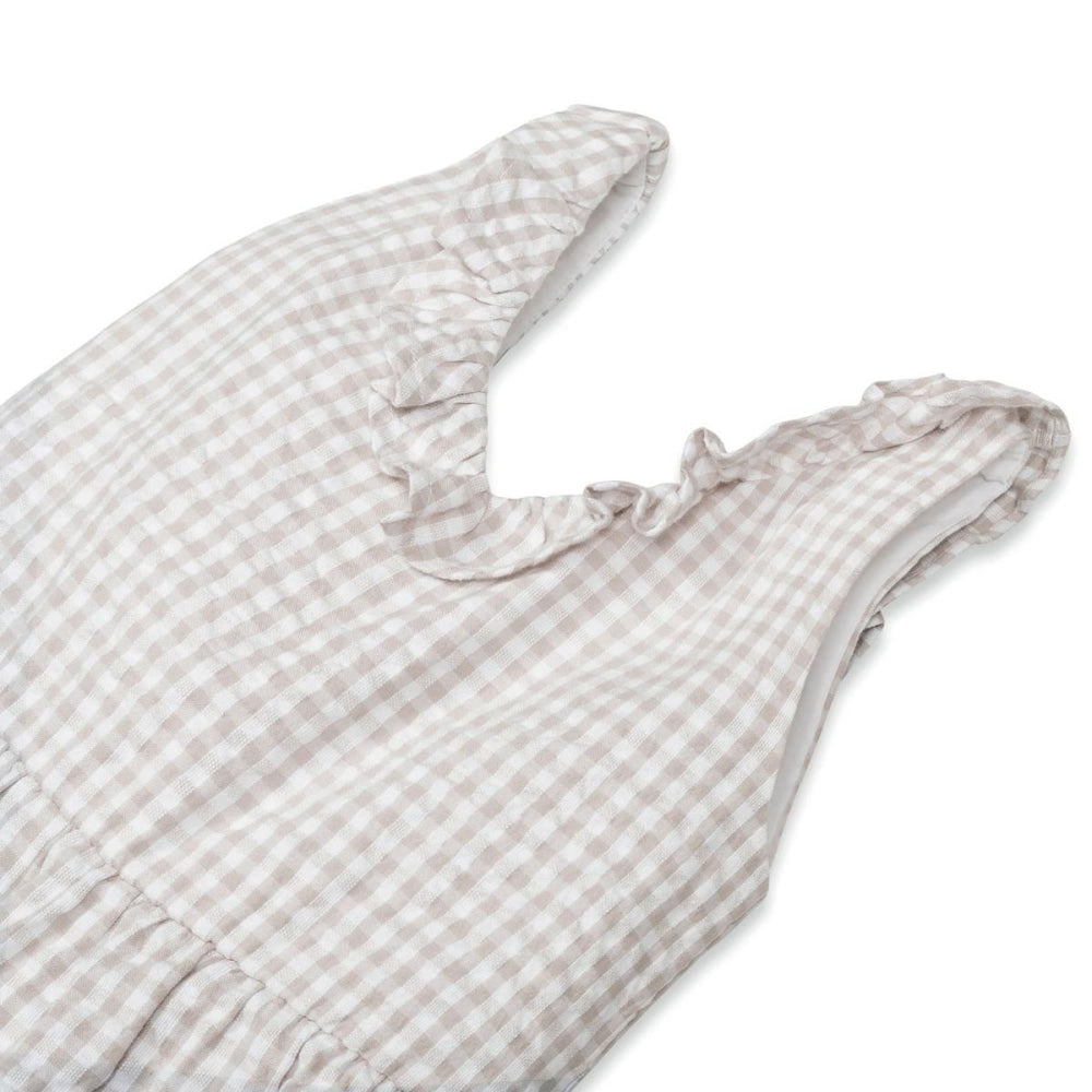 Ruffle Neck Organic Jumpsuit - Taupe Gingham Seersucker
