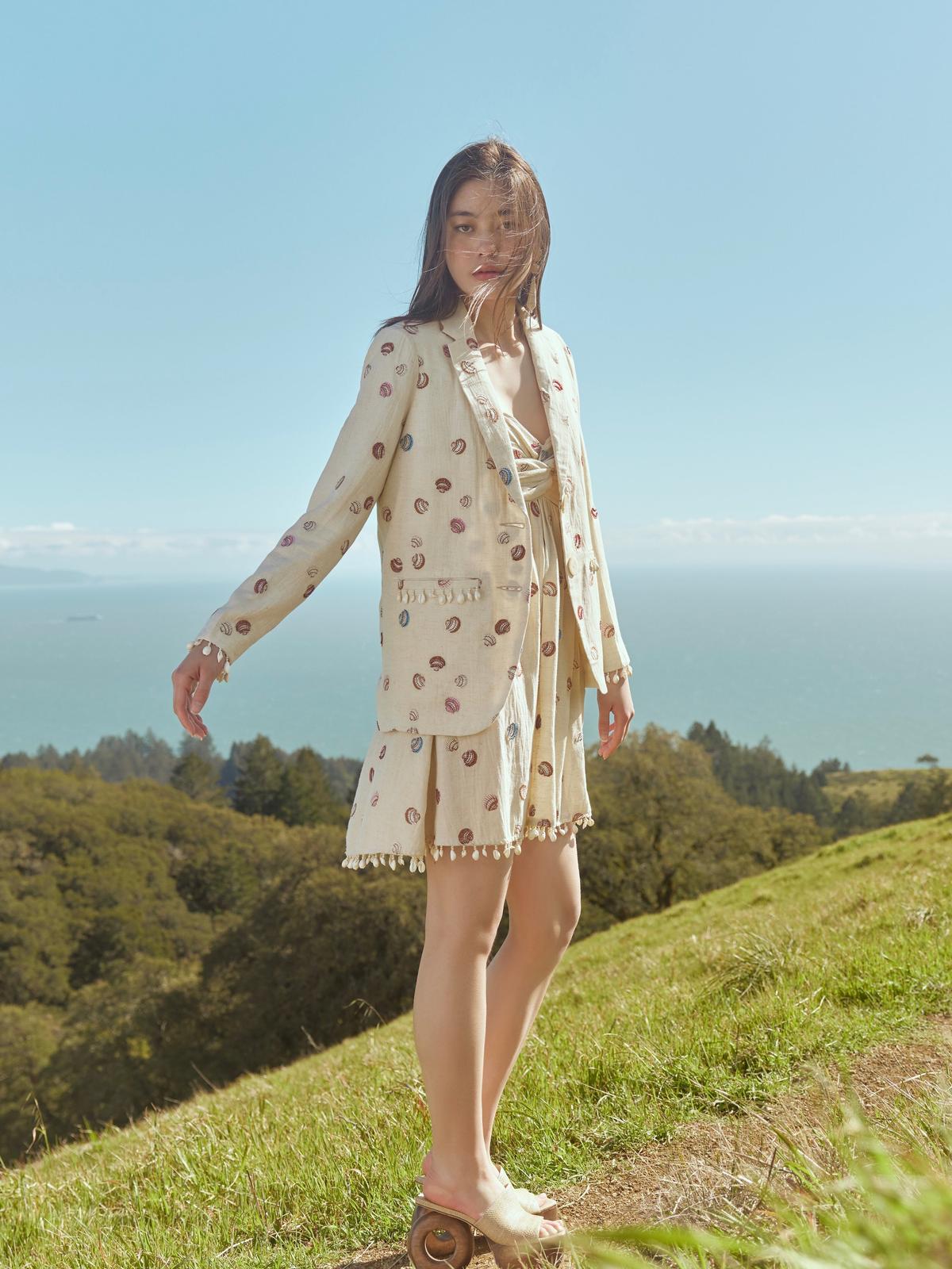 Katty Beaded Embroidered Mini Dress With Puka Fringe - Light Sand/Beaded Embroidered Shells With Puka Beaded Fringe - FINAL SALE