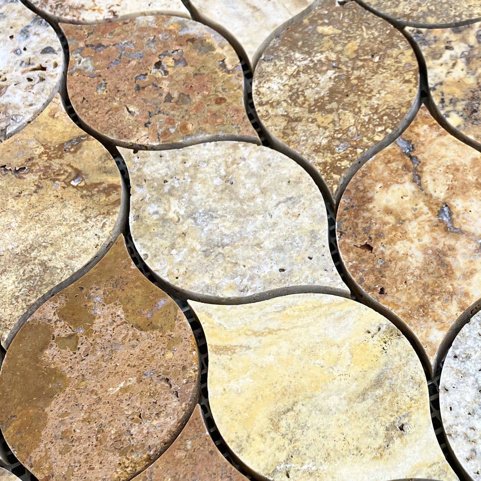 Scabos Travertine Leaf Design on 12" x 12" Mesh Mosaic Tile - Belair Collection