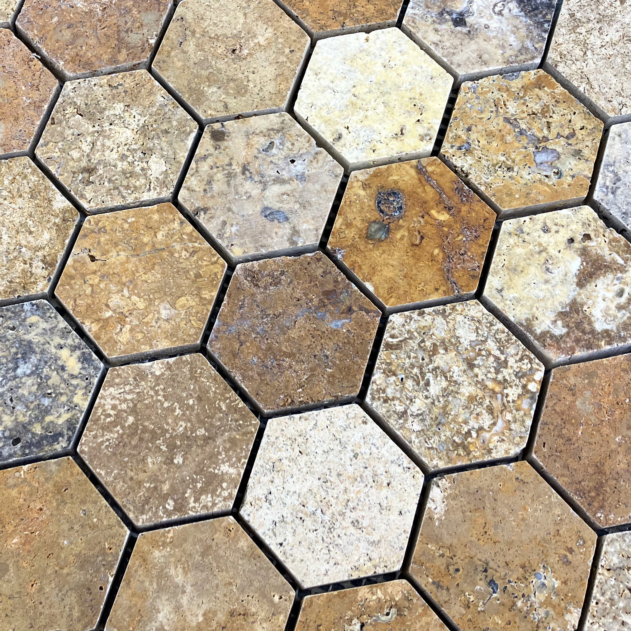 Scabos Travertine 2" Hexagon on 12"x12" Mesh Mosaic Tile - Belair Collection