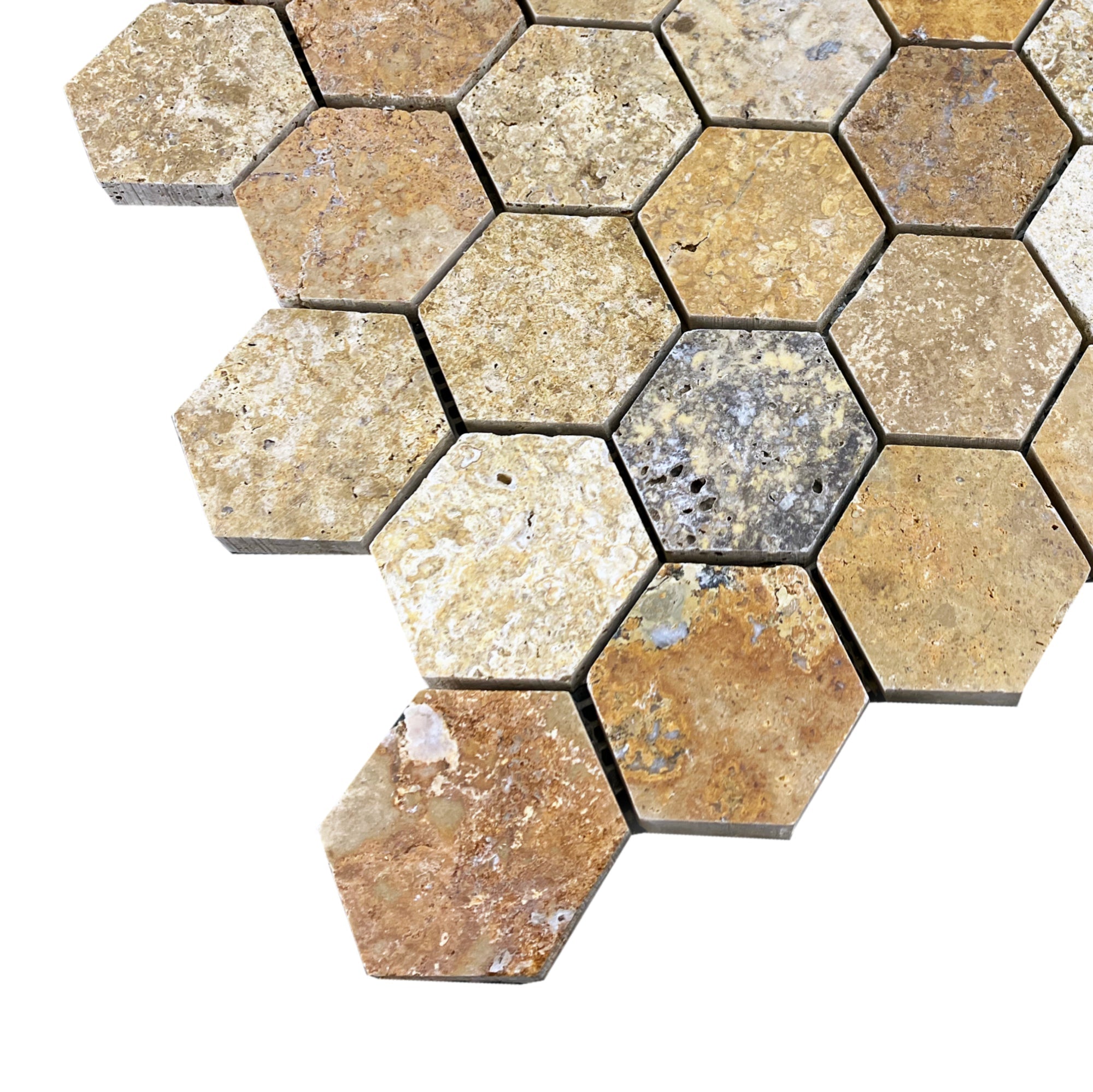 Scabos Travertine 2" Hexagon on 12"x12" Mesh Mosaic Tile - Belair Collection