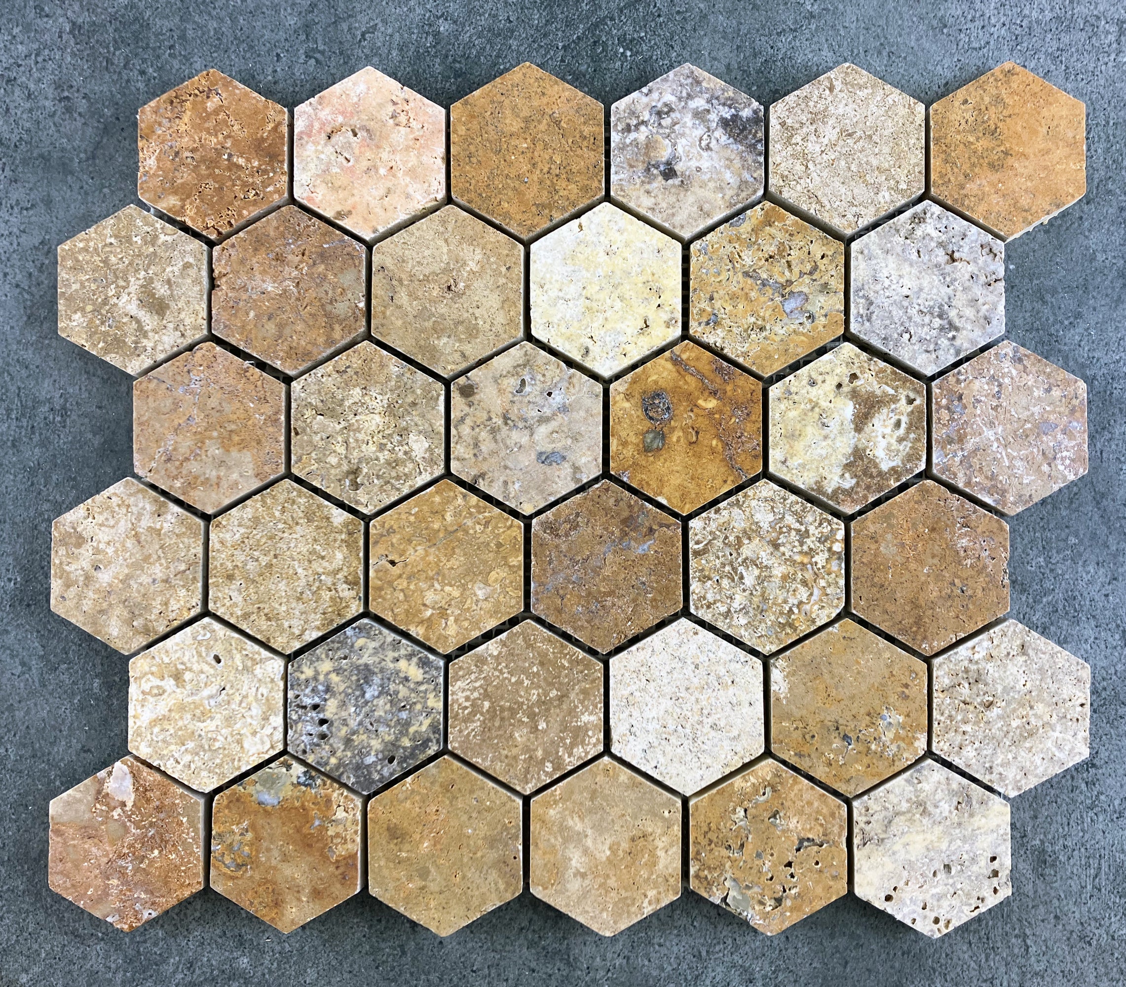 Scabos Travertine 2" Hexagon on 12"x12" Mesh Mosaic Tile - Belair Collection