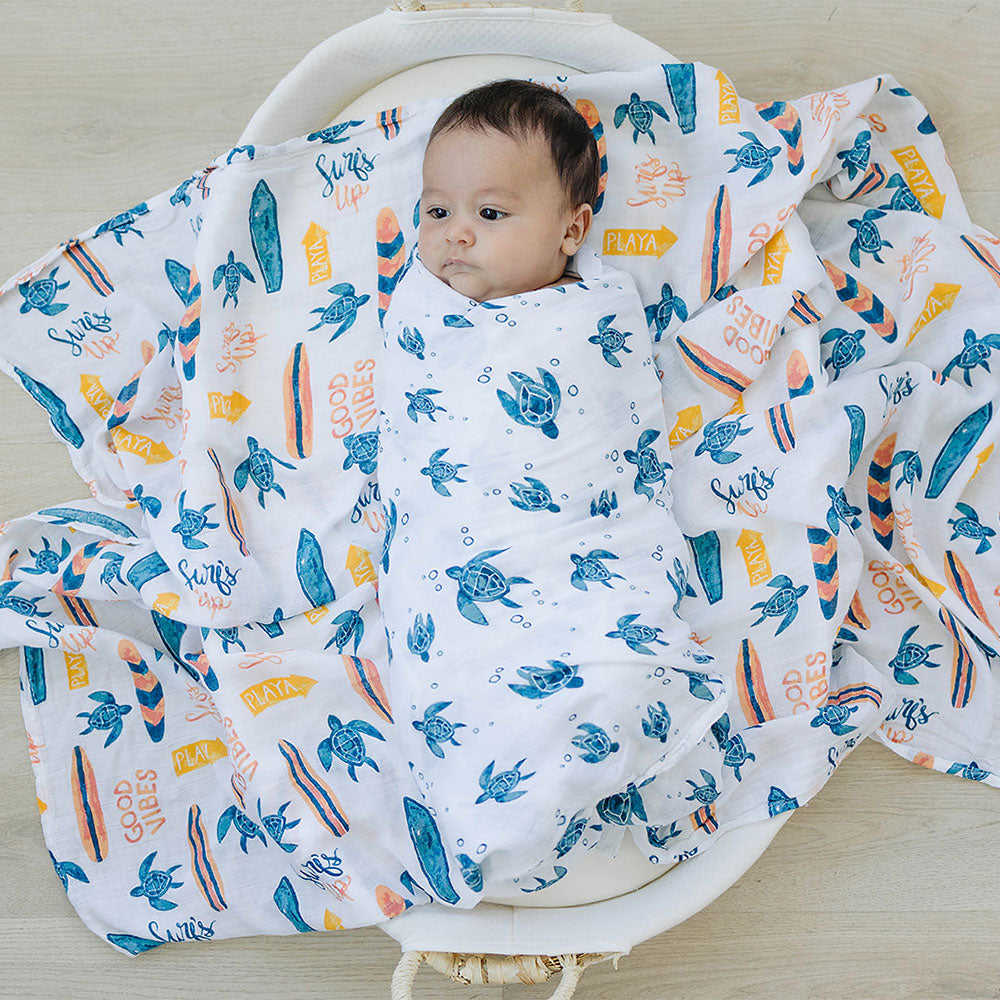 Muslin Swaddle Blanket Set Oh So Soft Surf + Sea Turtles Swaddle Blanket Bebe au Lait