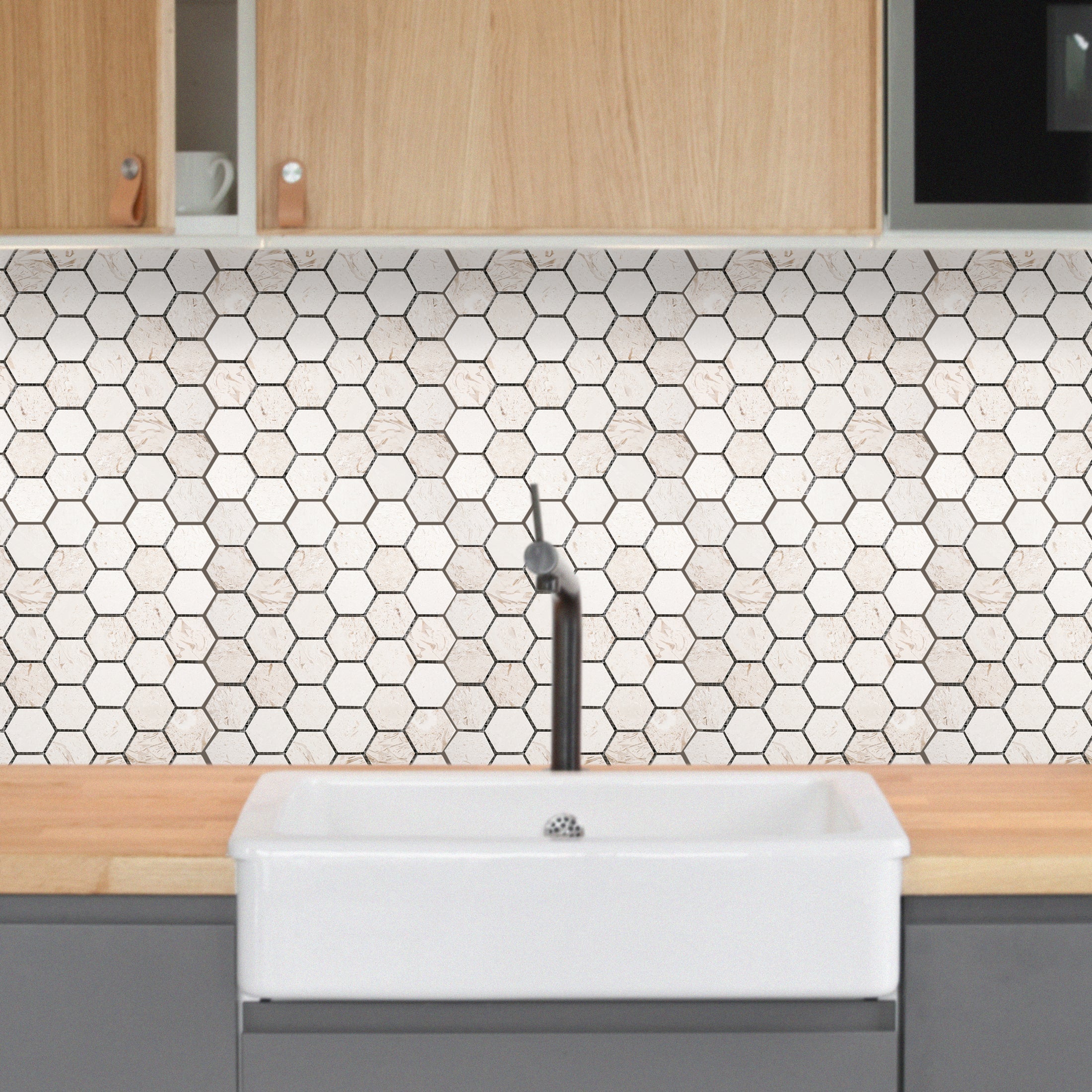 Shell Stone Limestone 2" Hexagon Honed on 12" x 12" Mesh Mosaic Tile - Belair Collection