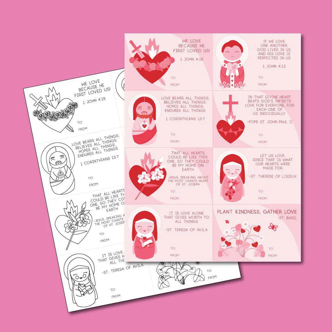 Valentine's Day Cards! Colored and coloring sheet style - Digital Download