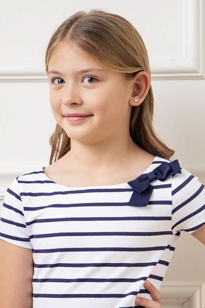 Short Sleeve Organic Knit Skater Dress - White and Navy Stripe