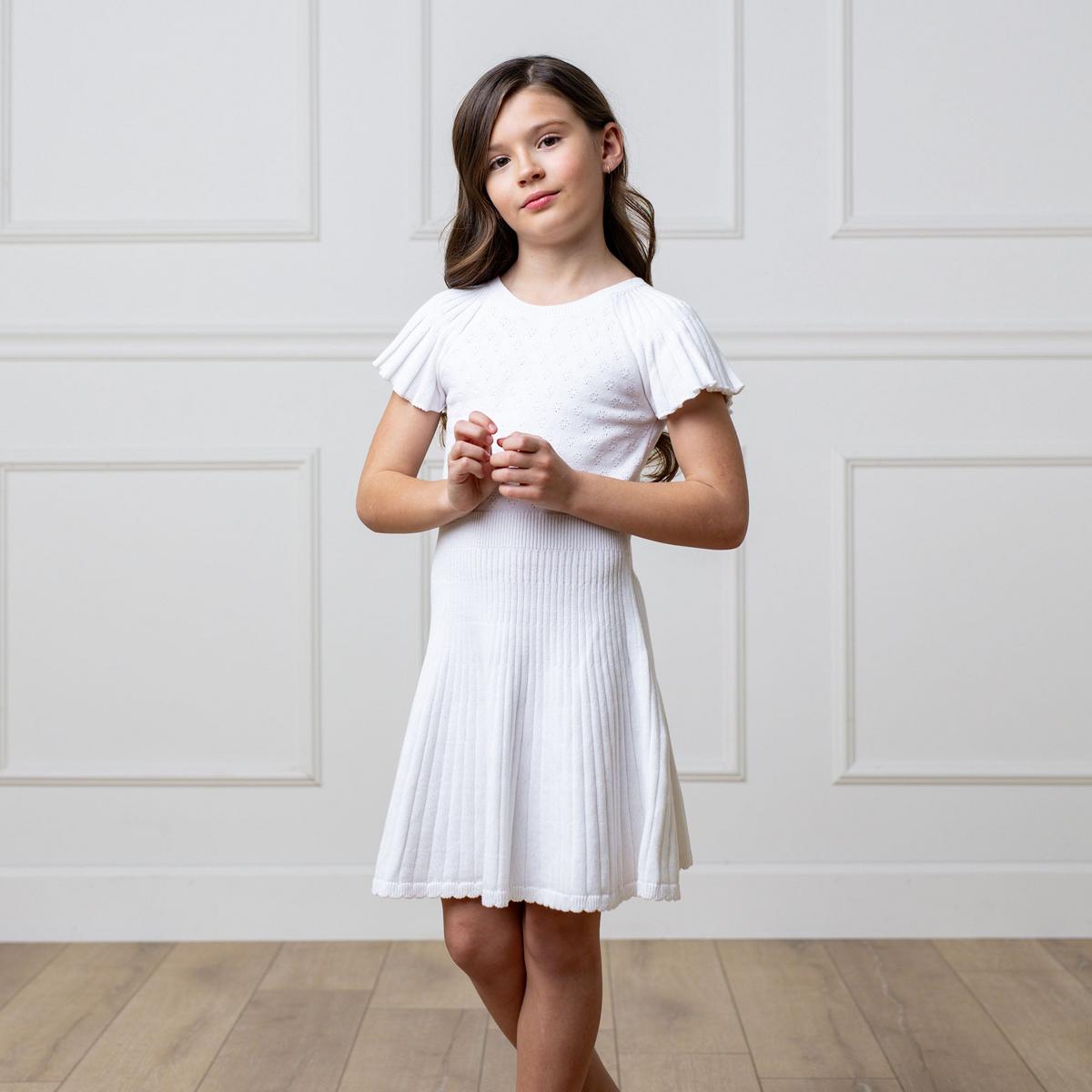 Organic Flutter Sleeve Sweater Dress - White Diamond Pointelle