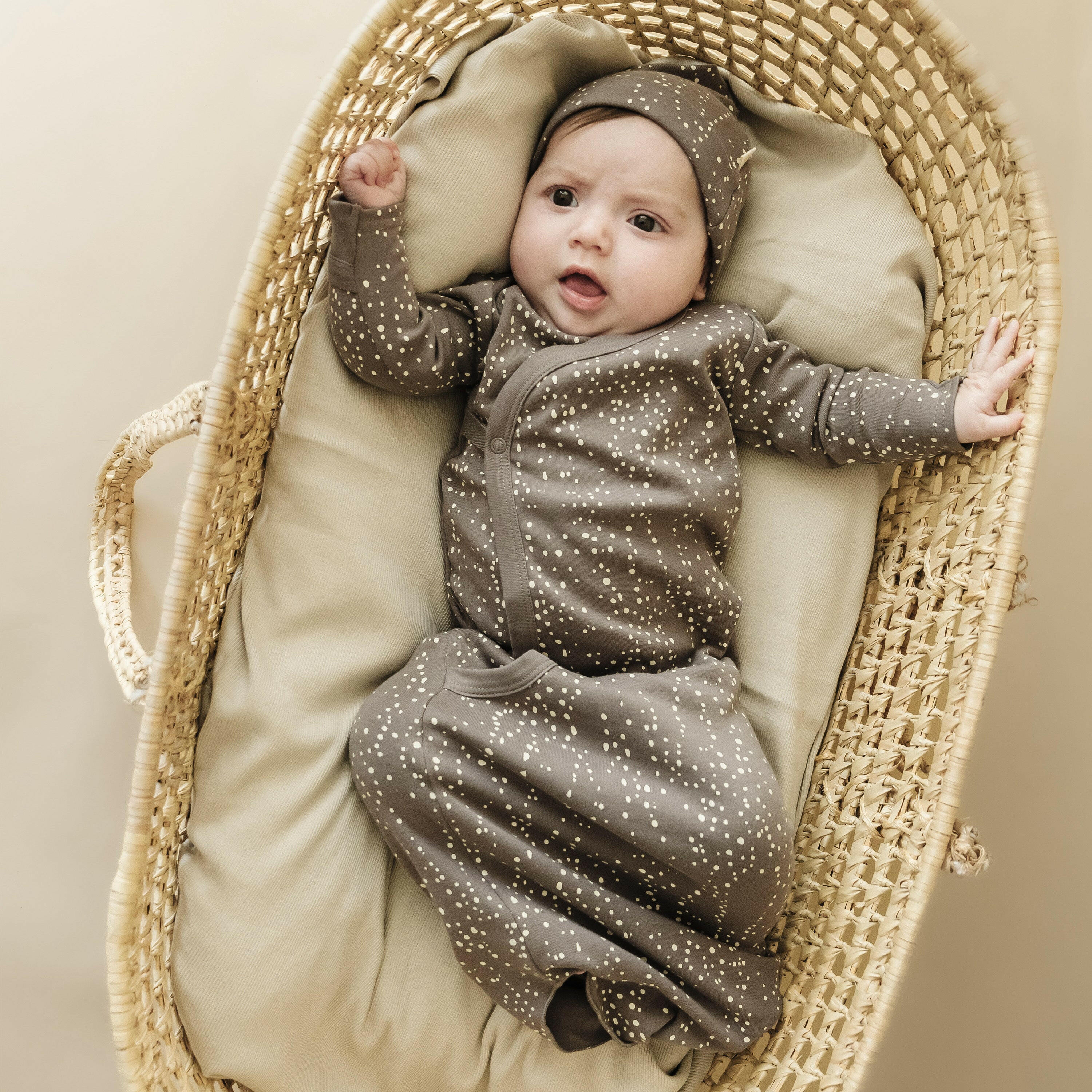 Organic Baby Sleep Gown Knotted - Speckle Kimono Knotted Gown Makemake Organics
