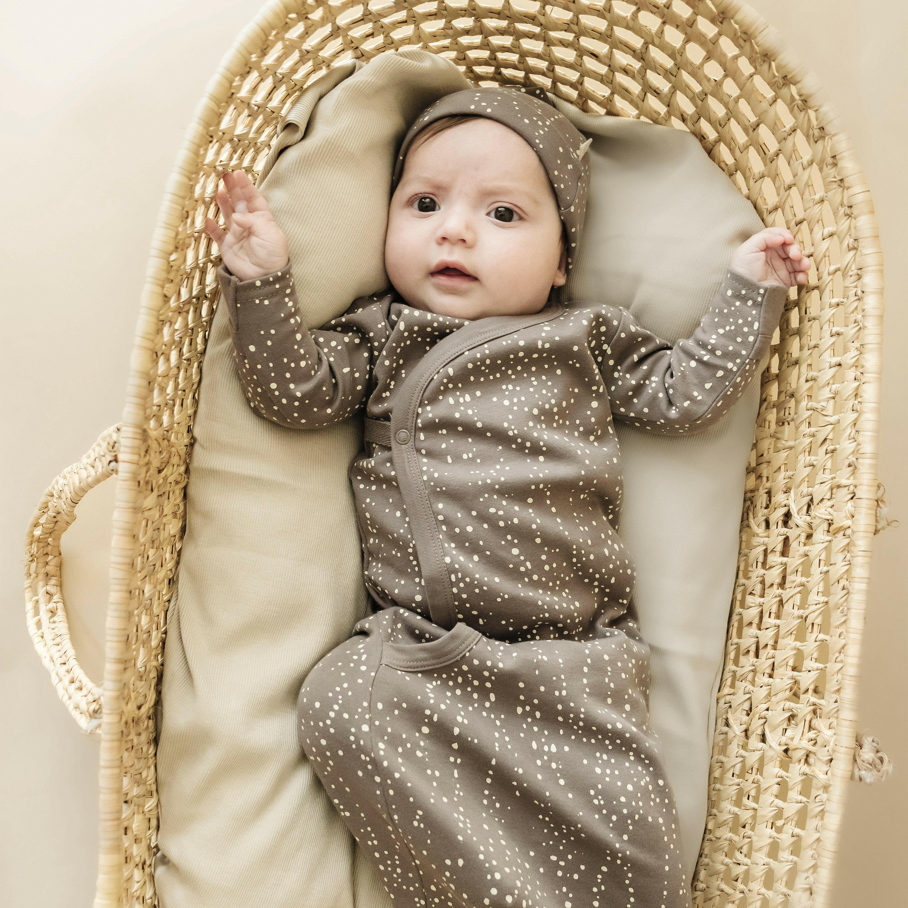 Organic Baby Sleep Gown Knotted - Speckle Kimono Knotted Gown Makemake Organics