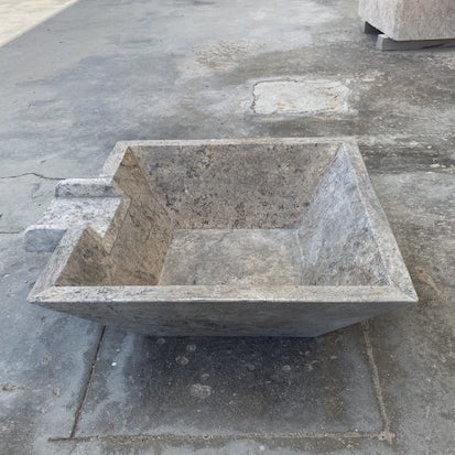 Silver Travertine Natural Stone Pool Square Cascade Water Bowl - Belair Collection