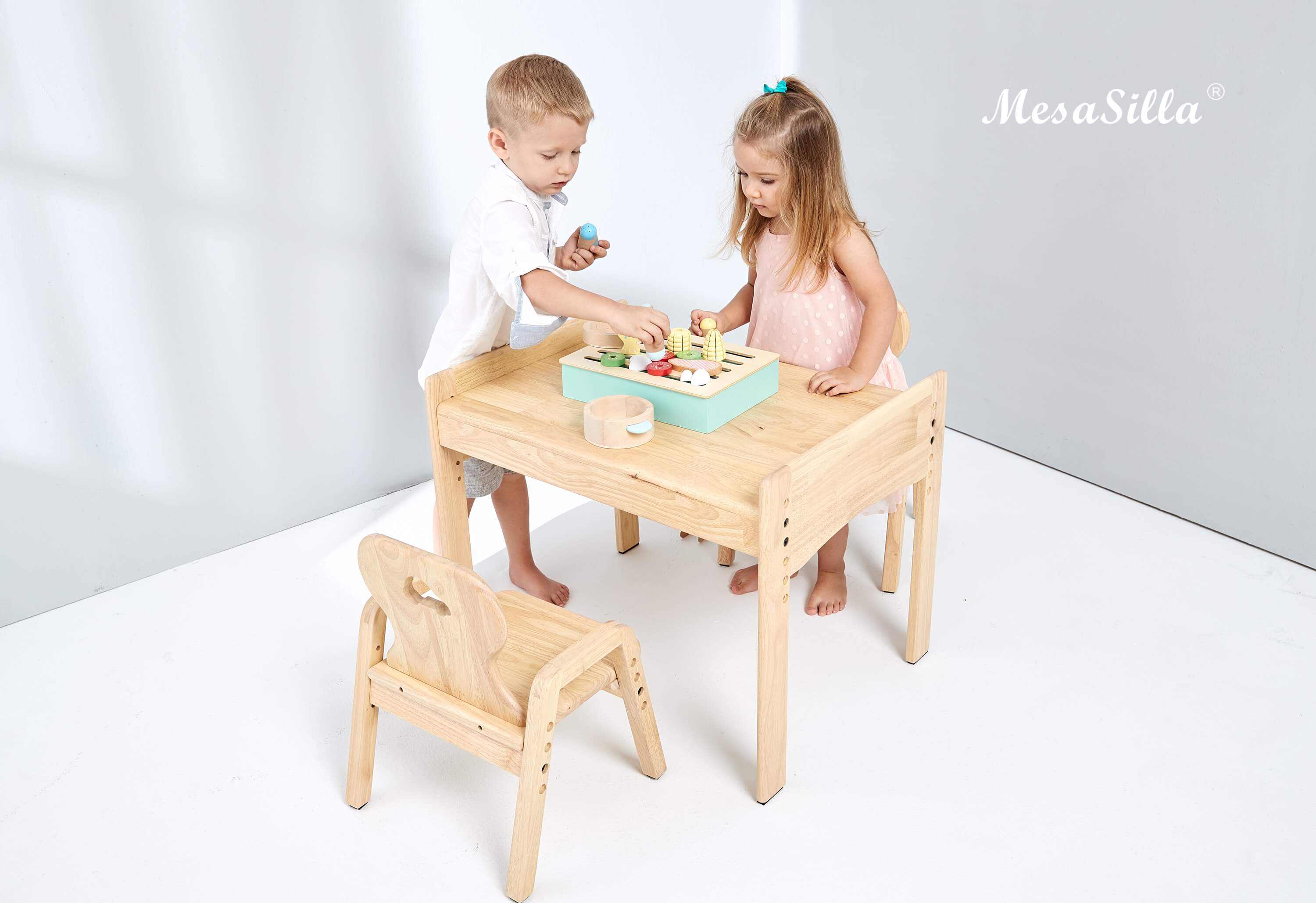 Mesasilla Primary Adjustable Table Set - with drawer-Bear Car Rabbit Star - Height Adjustable