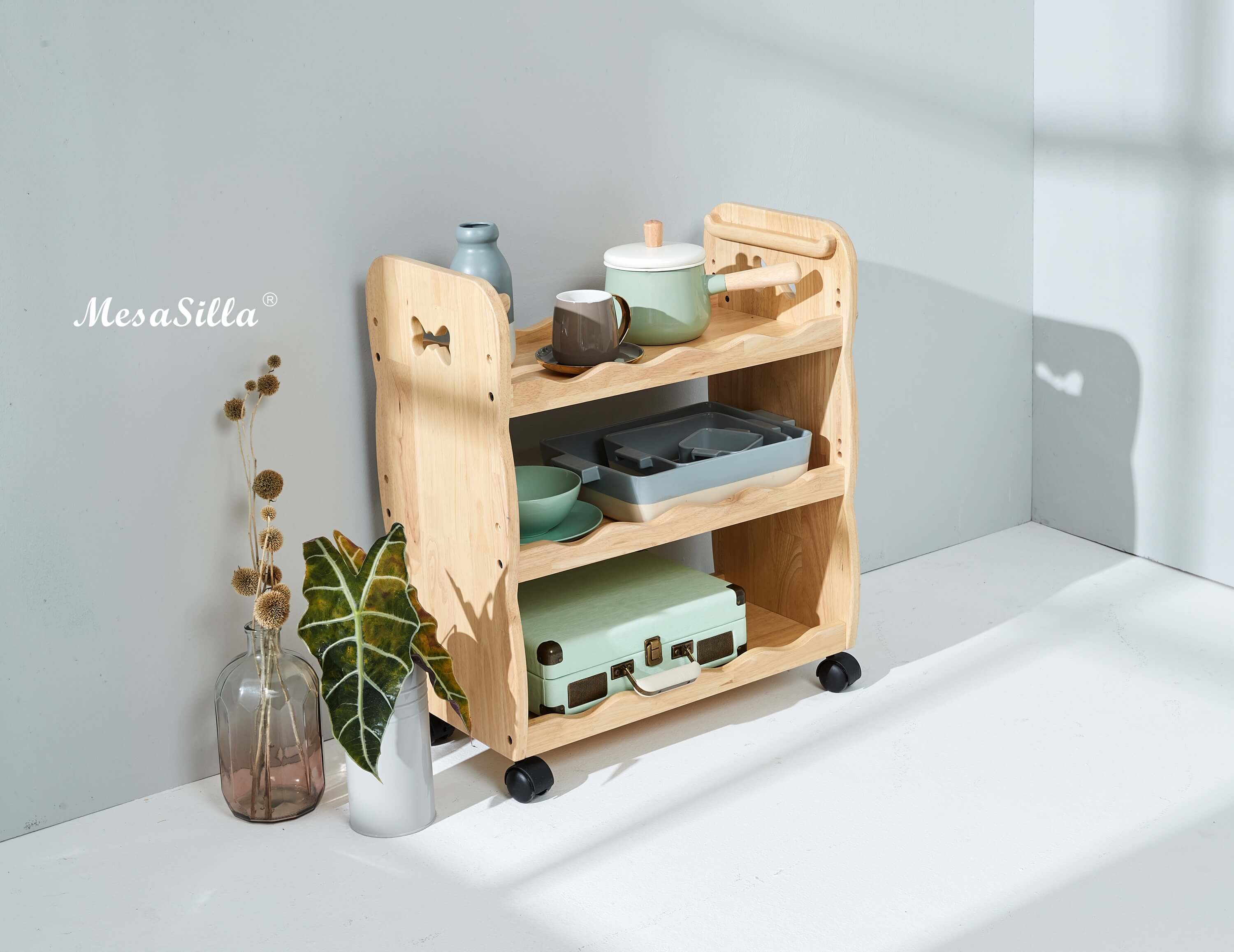Mesasilla Solid Wood Trolley with 3 Tiers and Lockable Casters MesaSilla USA