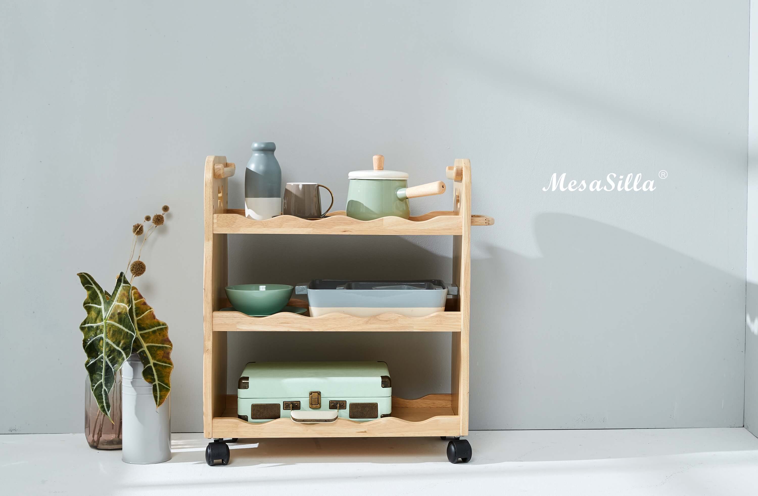 Mesasilla Solid Wood Trolley with 3 Tiers and Lockable Casters MesaSilla USA