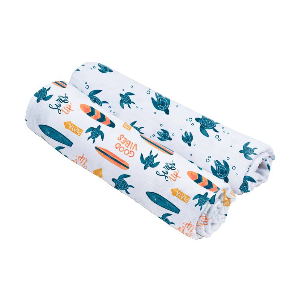 Muslin Swaddle Blanket Set Oh So Soft Surf + Sea Turtles Swaddle Blanket Bebe au Lait