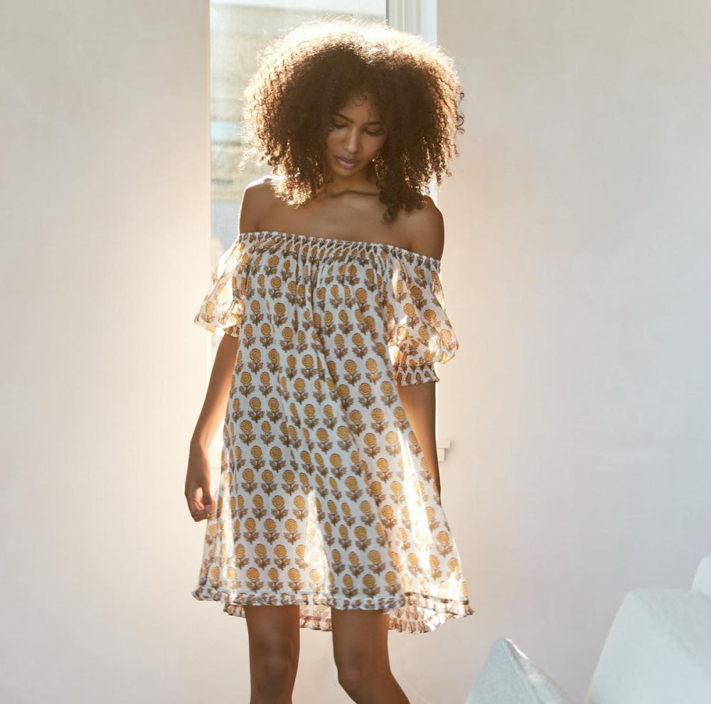 Sydney Puff Sleeve Mini Nightgown - Ochre/Dahlia Floral print - FINAL SALE