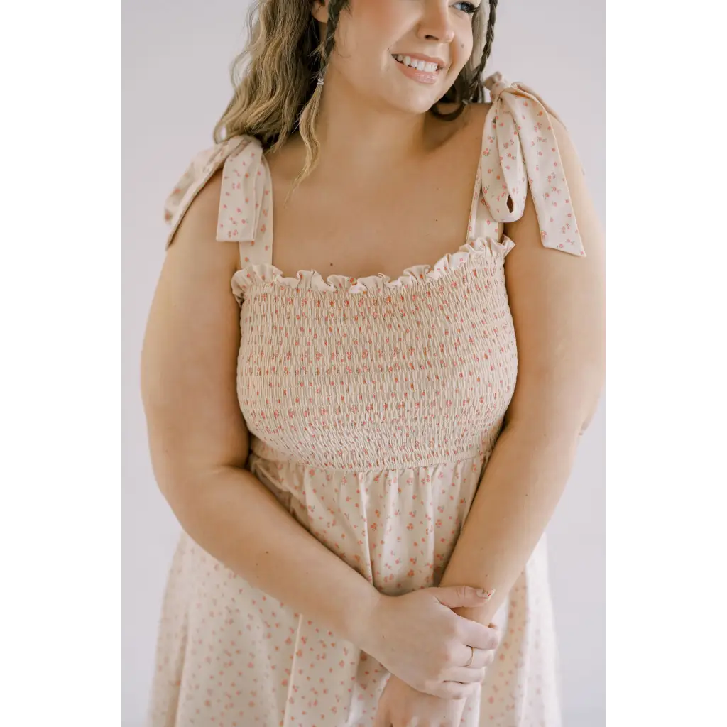 Day Dress with Shoulder Ties and Smocked Bodice