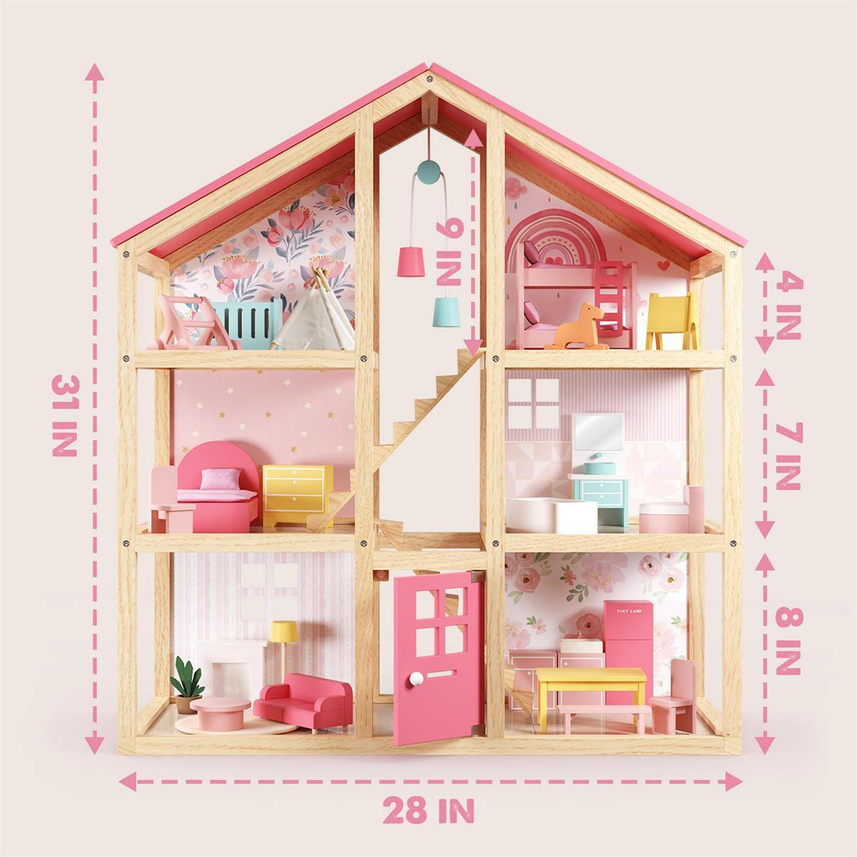 Tiny Land® Love Dollhouse with 30 Furniture Dollhouse Tiny Land
