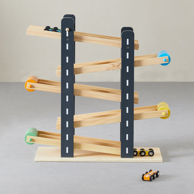 Toddler toy race car set with track included. Made from 100% wood.